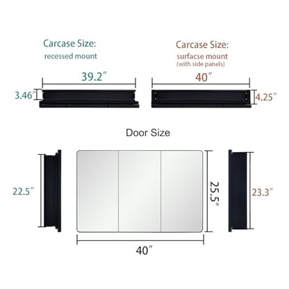 IDYLLOR Black Bathroom Medicine Cabinet with Round Corner Framed Door, 40 x 25.5 inch, Recessed or Surface Mount, with Adjustable Glass Shelves - size: 40 x 25.5 inch
