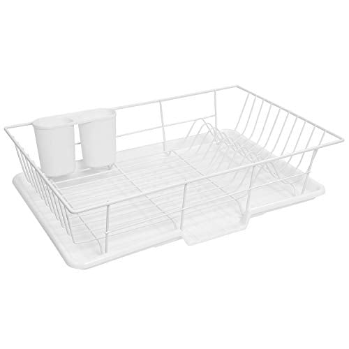 Sweet Home Collection Space-Saving 3-Piece Dish Drainer Rack Set: Efficient Kitchen Organizer for Quick Drying and Storage - Includes Cutlery Holder and Drainboard - Maximize Countertop Space, White - color: White