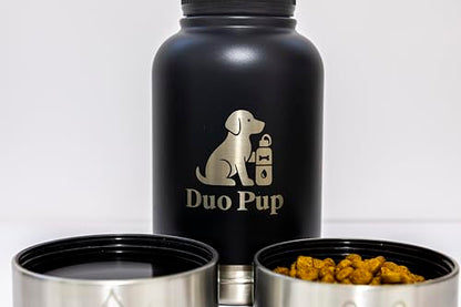 DuoPup 32oz Insulated Stainless Steel Pet Water & Food Bottle – Portable Leak-Resistant Dispenser with Two Detachable Bowls & Carrying Strap – Travel, Hiking & Outdoor Pet Hydration – Dark Green - color: Dark Green