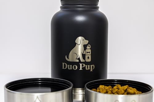 DuoPup 32oz Insulated Stainless Steel Pet Water & Food Bottle – Portable Leak-Resistant Dispenser with Two Detachable Bowls & Carrying Strap – Travel, Hiking & Outdoor Pet Hydration – White - color: White