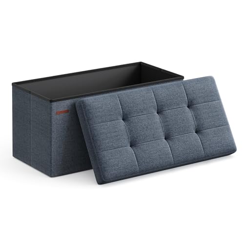 SONGMICS Mazie Collection - 30 Inches Folding Storage Ottoman Bench, Ottoman Foot Rest, End of Bed Bench, Storage Chest, Load 660 lb, for Living Room, Bedroom, Entryway, Misty Blue ULSF047Q01 - color: Misty Blue, size: 15"D x 30"W x 15"H