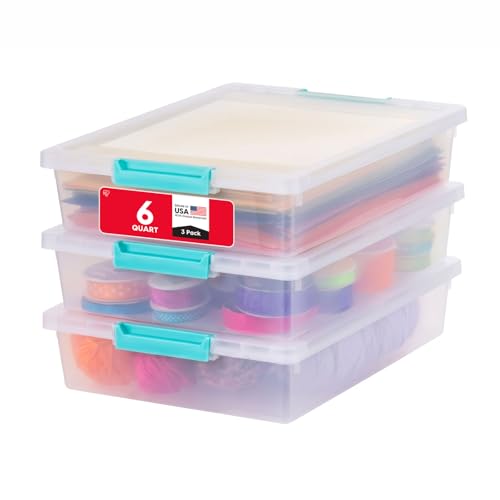 IRIS USA 6 Qt. Craft Storage Bins with Lids, 3-Pack, |Made in USA|, Clip Box, Small Plastic Sensory Bin Tote Organizer Containers for Art Supplies, Paper, & Office, Stackable - Clear/Seafoam Blue - color: Clear/Seafoam Blue, size: 6 Qt. - 3 Pack