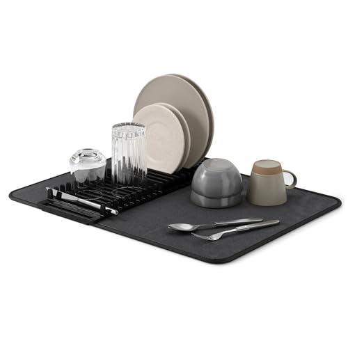 Umbra Udry Dish Rack and Microfiber Drying Mat – Space-Saving Design Folds Up for Easy Storage, Basic Rack, Black - color: Black, size: 24" x 18"