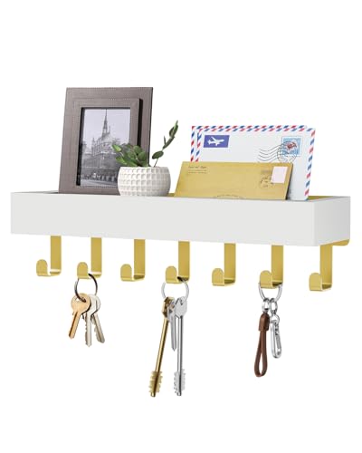 Key Holder Wall Mount Adhesive Magnetic - Hanging Key Hooks with Mail Organizer Tray for Wallet House - Keys Hanger Rack with Shelf for Camper Entryway Door Home Living Room Decor Large Gold White - color: Gold White, size: Large