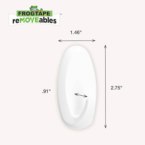 FrogTape reMOVEables Heavy Duty Wall Hooks - No Damage - Easy to Remove & Reuse - Medium Wall Hook with Adhesive Strips - Holds up to 3 lbs - Includes 8 Hooks and 12 Strips - White (Pack of 16) - size: Pack of 16, style: Medium