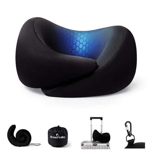 Dream Valley® Neck Travel Pillow, Memory Foam Travel Pillow for Airplane, Portable Roll-Up Neck Pillow with Cooling Inner Fabric, 360° Ergonomic Support, No Head Bobbing, Black - color: Black