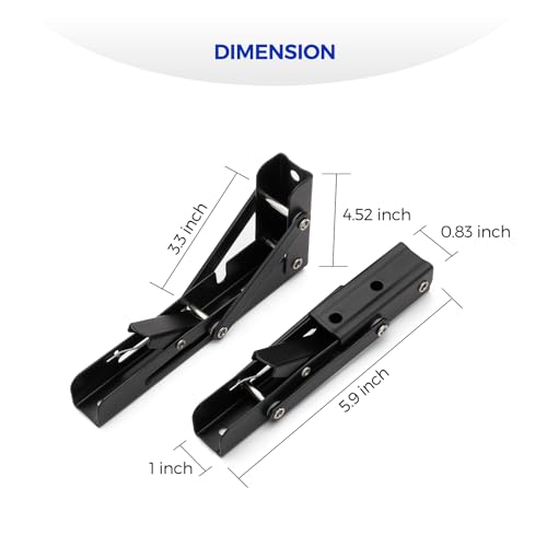 Ravinte 2 Pack 6 Inch Folding Shelf Brackets – Matte Black, Heavy Duty Collapsible Brackets for Tables and Benches – Space-Saving Design - size: 6 Inch