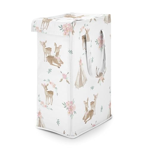 Sweet Jojo Designs Woodland Deer Floral Girl Laundry Hamper Foldable Dirty Clothes Basket with Handles Baby Nursery Kids Bedroom Teen Bathroom Pink Green Boho Watercolor Bohemian Forest Animals Shabby - color: Floral Deer