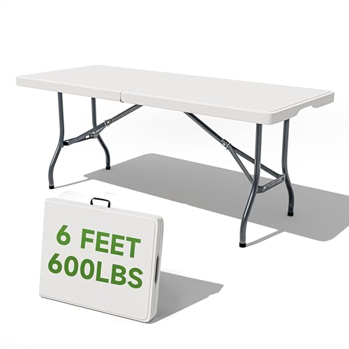 Folding Table 6 Foot - Heavy Duty 600LBS Capacity, Sturdy & Foldable Design with Safety Lock - Portable Tables Folding for Camping, Party, Indoor & Outdoor Use, 1 Pack - color: White, size: 6FT-1 PACK, style: Heavy Duty