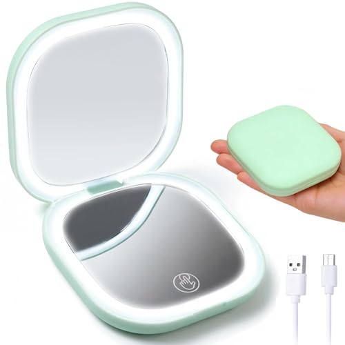 Compact Mirror with Light, Portable LED Lighted Pocket Makeup Mirror with 10X Magnification USB Rechargeable Foldable Small Lights Compact Travel Magnifying Make Up Mirror for Women Girls Purse, Green - color: Green
