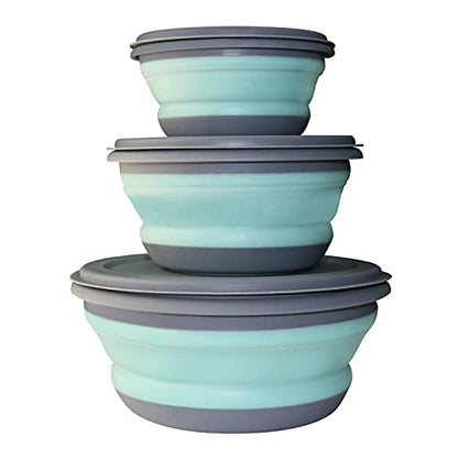 3 PCs Food Grade Silicone Collapsible Bowl Lunch Box - Expandable Food Storage Containers Set -Silicone Salad Bowl with Lid Portable - color: Blue