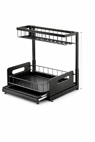 Under Sink Organizer 2 Tier Sliding Storage Rack – Carbon Steel Pull Out Cabinet Shelf for Kitchen & Bathroom, Heavy Duty Metal Under Cabinet Organizer.