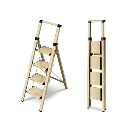4 Step Ladder, Lightweight Folding Step Stool with Anti-Slip Aluminum Wide Pedal& Convenient Handgrip, 330lbs Capacity Steel Ladder for Household and Office (Gold) - color: Gold, size: 4 Step