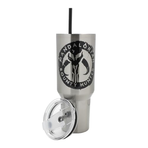 Bioworld Star Wars Mandalorian Mythosaur Skull Bounty Hunter Logo 40 Oz Silver Stainless Steel Tumbler - color: Mythosaur Skull