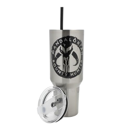 Bioworld Star Wars Mandalorian Mythosaur Skull Bounty Hunter Logo 40 Oz Silver Stainless Steel Tumbler - color: Mythosaur Skull