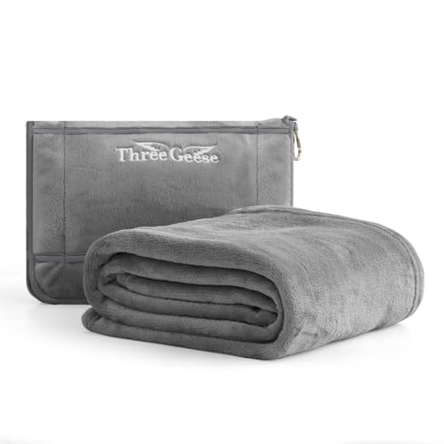 Three Geese 2-in-1 Travel Blanket Blanket and Pillows, Soft Flannel Airplane Throw with Hand Luggage Belt, 65x40inches, Portable Compact Design with Bag, Ideal for Travel Comfort