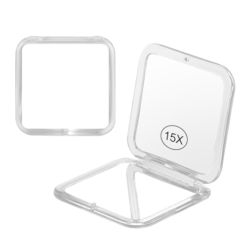 15x Magnifying Compact Mirror for Purses and Travel - Handheld 2 Sided 15x/1x Makeup Mirror - Slim Pocket Mirror, Portable & Foldable Square 3.3” x 3.3” (White) - color: White