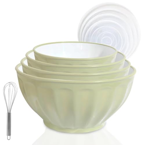 Mixing Bowls with Lids Set,Plastic Prep Bowl with Lid,Mixing Bowl Set for Kitchen Cooking, Baking,Storage Food,4 Big Nesting Bowls and 1 Egg Whisk,Stackable，Green - color: Green