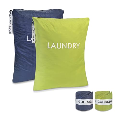 GOGOODA Travel Laundry Bags – Packable & Splash-Resistant Clothes Organizer with Handle | Lightweight, Foldable & Space-Saving for Suitcase, Gym, Beach & Business Trips (Navy Blue & Green) - color: Navy Blue & Green