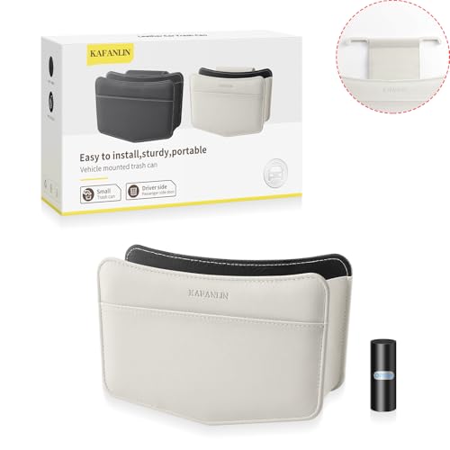 Car Trash Can Small Leather Vehicle Trash Bin Car Dustbin Garbage Organizer Holder with Trash Bag Foldable Mini Cars Storage Bag Container for Auto SUV Van Trucks (White,Hanging Hook) - color: white, style: hanging hook