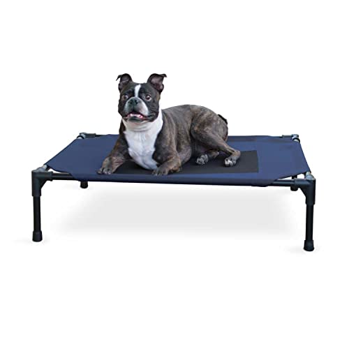 K&H Outdoor Elevated Dog Bed - Cooling Raised Dog Bed for Small & Medium Pets, Breathable Mesh Center Hammock Design, Indoor/Outdoor Washable Cover, Portable Metal Frame, Blue, Medium 32x25in - color: Blue/Black Mesh, size: Medium 32"L x 25"W