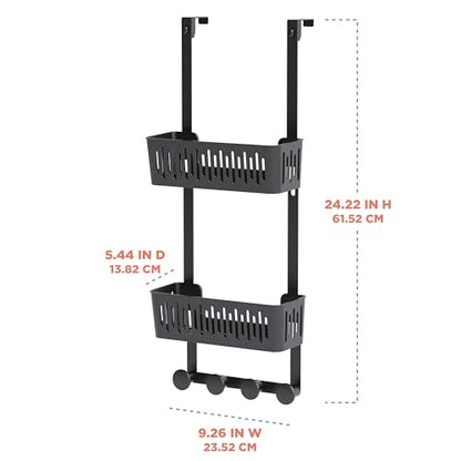 Zenna Home SnugFit Over the Door Caddy Organizer with 2 Storage Baskets and 4 Hooks, Over Door Hanging Organizer for Bathroom, Kitchen, Bedroom, Closet, Easy to Install, No Drilling, Black