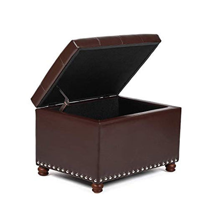 Leather Ottoman with Storage,24’’Foot Rest Ottomans with Hinged Lid Rectangle Upholstered Foot Stools Nailhead Trim for Living Room Bedroom,Dark Brown - color: Dark Brown With Button