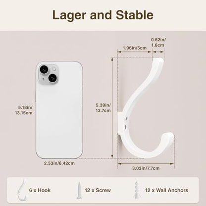 Wall Hooks for Hanging Coat/Backpack - 5.4'' Large 40LBS Heavy Duty Hanger Wall Mount Screw in, for Towel, Closet, Robe, Bag, Outdoor, White 6 Pack - size: 6 Pack