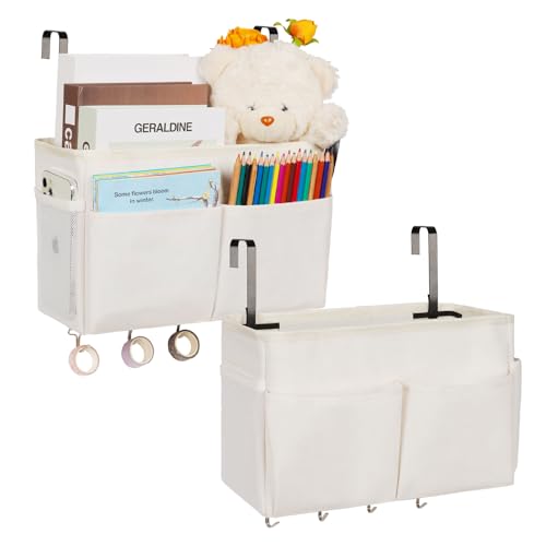 Bedside Storage Organizer 5 Pockets with 4 Hooks Hanging Storage Bag for Headboards/Bunk Bed (2Pack White) - color: 2Pack White