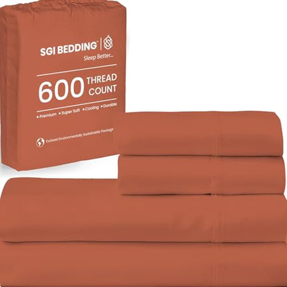 SGI bedding RV King Bed Sheets Set – Premium 600 TC Egyptian Cotton, Crisp Cooling Sateen Weave, Extra Soft Hotel Collection, Fits Mattresses Up to 16 Inch Deep, Breathable Long Lasting – Terracotta - color: 15 - Terracotta, size: RV King