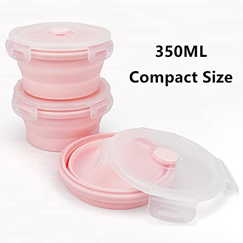 CCyanzi 3piece Round Collapsible Bowl with Lids, Silicone Food Storage Containers, Microwave & Freezer Safe, Space Saving for Kitchen Cabinet and Camping Backpack,(Pink) - color: pink