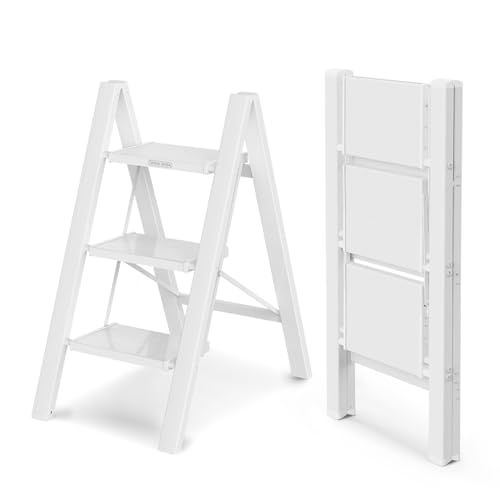 WOA WOA Step Ladder, Widen Pedals Folding Step Stool with Anti-Slip Foot, Portable Lightweight Aluminum Ladder, Household Stepladder for Kitchen, Fold Thin & Space Save, 300 lbs Load (3 Step, White) - color: White, size: 3 Step
