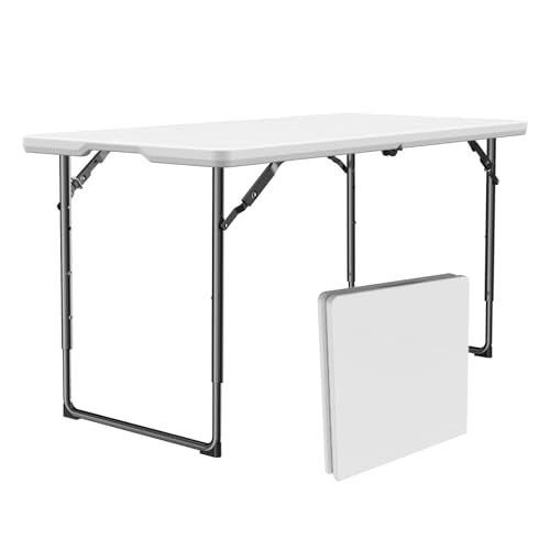 4ft Folding Table with Adjustable Height, Heavy Duty Fold-in-Half Plastic Table with Steel Legs and Handle, Portable for Indoor, Outdoor, Picnic, Camping, Dining, Party, White - color: White, size: 4FT