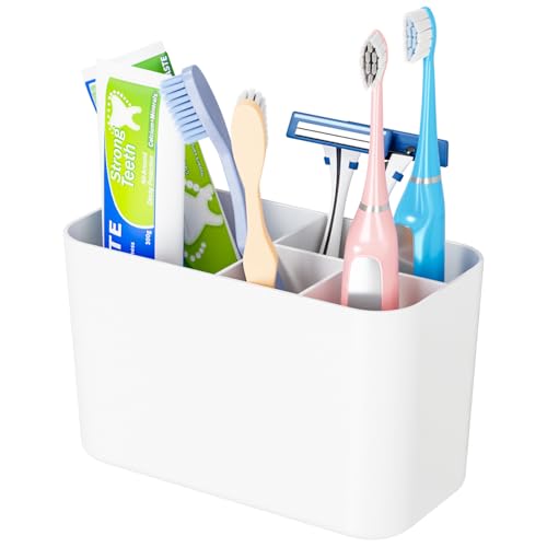 Electric Toothbrush Holder for Bathroom Countertop and Wall Mounted with Adhesive,5 Slots Family Size White Tooth Brush and Paste Holder & Stand,Cute Kids Tooth Rush Holders and Toothpaste Organizer - color: White