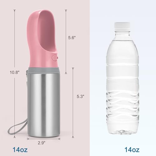 Portable Dog Water Bottle, 14 OZ, Stainless Steel Leak Proof Puppy Water Dispenser with Drinking Feeder for Pets Travel, Walking, Hiking and Outdoor Activities - size: 14 OZ - Pink, style: Button switch