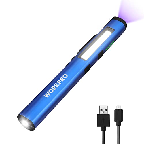 WORKPRO Rechargeable Flashlight, LED Pen Light with 365 nm UV Black Light, 450 Lumen Pocket Penlight, Magnetic Clip, for Hurricane Deluge Flood Emergency - color: Blue