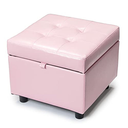H&B Luxuries Tufted Leather Square Flip Top Storage Ottoman Cube Foot Rest - color: Pink With Storage