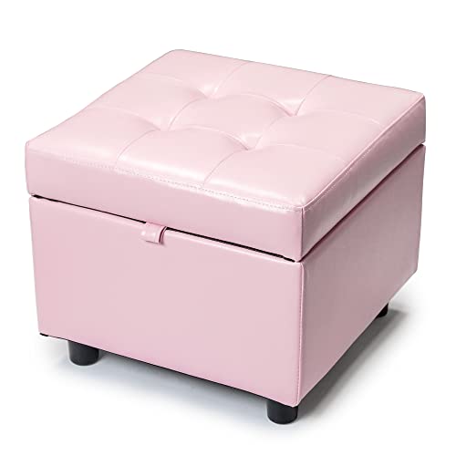 H&B Luxuries Tufted Leather Square Flip Top Storage Ottoman Cube Foot Rest - color: Pink With Storage