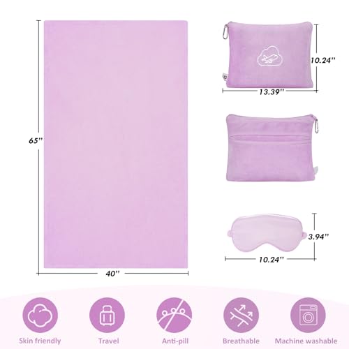 Travel Blanket Pillow,Airplane Blanket Compact with Bag Eye Mask, Ultra-Soft,Warm & Lightweight Included,Travel Essentials for Women & Men, Luggage Sleeve & Backpack Clip 65x40 in,Purple - color: Pastel Purple