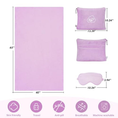 Travel Blanket Pillow,Airplane Blanket Compact with Bag Eye Mask, Ultra-Soft,Warm & Lightweight Included,Travel Essentials for Women & Men, Luggage Sleeve & Backpack Clip 65x40 in,Purple - color: Pastel Purple