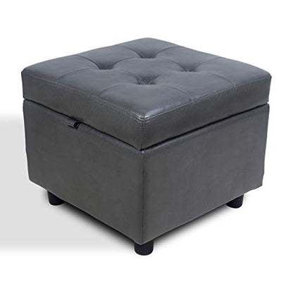 H&B Luxuries Tufted Leather Square Flip Top Storage Ottoman Cube Foot Rest (Grey with Storage) - color: Grey With Storage
