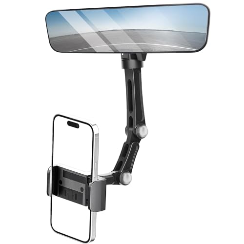 Karmus Rear View Mirror Phone Holder, Aluminum Alloy Mount Car Phone Holder Universal Rotatable and Retractable Rearview Mirror Phone Mount for Car Truck - color: Black