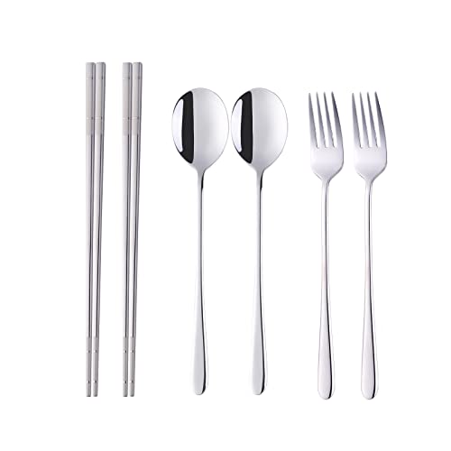 Buyer Star Stainless Steel Korean Chopsticks Spoons and Fork Set, 2 Pack Reusable Forks and Spoons Silverware Korean Utensil Set, Portable Utensils Dinnerware for Home (Silver) - color: Silver