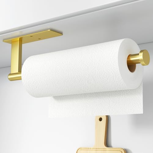 Paper Towel Holder Under Cabinet - Stainless Steel Paper Towel Holder Wall Mount, Self-Adhesive or Drilling, Matte Gold Towel Rack for Kitchen Organization and Storage, Kitchen Paper Roll Holder - color: Gold