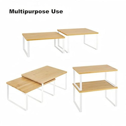 NEX Bamboo Kitchen Cabinet and Counter Shelf Organizer, Stackable & Expandable, Set of 4, White and Natural - color: Cloud White + Natural Beige, size: 11.7''W