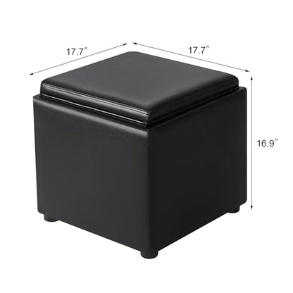 Adeco 17" Black Storage Ottoman Cube with Tray Lid, Small Footstool with Storage, Square End Table for Living Room & Bedroom - color: Black Leather With Tray