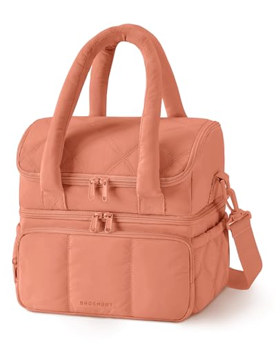 BAGSMART Lunch Bag Women, Double Deck Insulated Lunch Box, Quilted Puffer Lunch Tote, Leakproof, Durable & Reusable Large Lunch Cooler For Work Picnic Travel Meal Prep, Clay Orange - color: Clay Orange, size: Large(double deck)