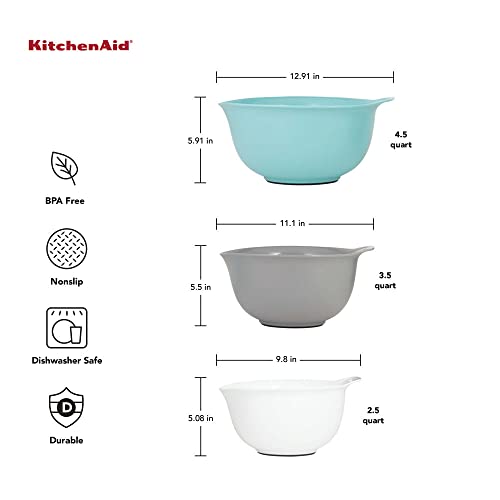 KitchenAid Universal Nesting Plastic Mixing Bowls,Set Of 3,2.5 quart,3.5 quart,4.5-quart,Non Slip Base with Easy Pour Spout to Reduce Mess,Dishwasher Safe,Aqua Sky,White,Gray,(Pack of 2) - color: Aqua Sky White Gray, size: Set of 3 (Pack of 2)