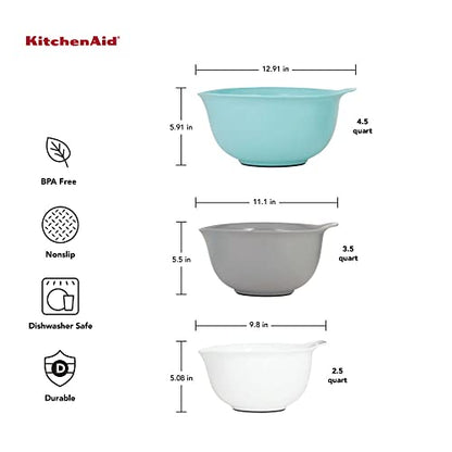 KitchenAid Universal Nesting Plastic Mixing Bowls,Set Of 3,2.5 quart,3.5 quart,4.5-quart,Non Slip Base with Easy Pour Spout to Reduce Mess,Dishwasher Safe,Aqua Sky,White,Gray,(Pack of 2) - color: Aqua Sky White Gray, size: Set of 3 (Pack of 2)