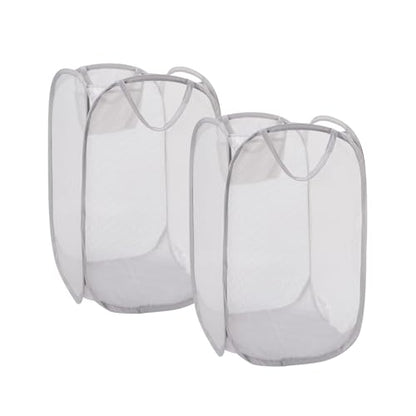Foldable Pop Up Laundry Hamper – Set of 2 Collapsible Mesh Baskets with Handles for Kids, Baby, Dorm or Travel, Dual-Use Laundry Organizers for Clothes, Toys, Storage – Gray